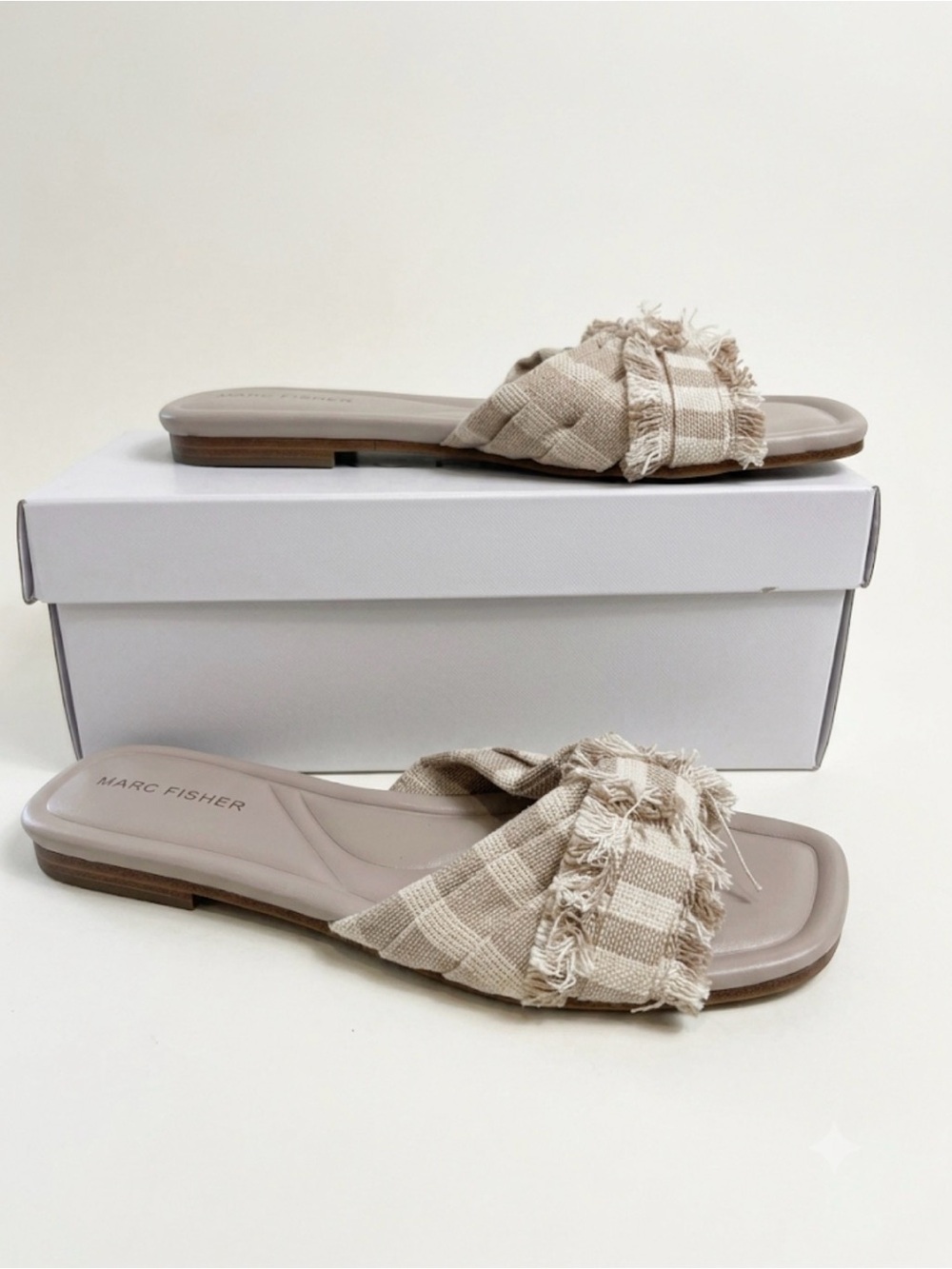 Marc Fisher Beige Plaid Frayed Slide Sandals NIB